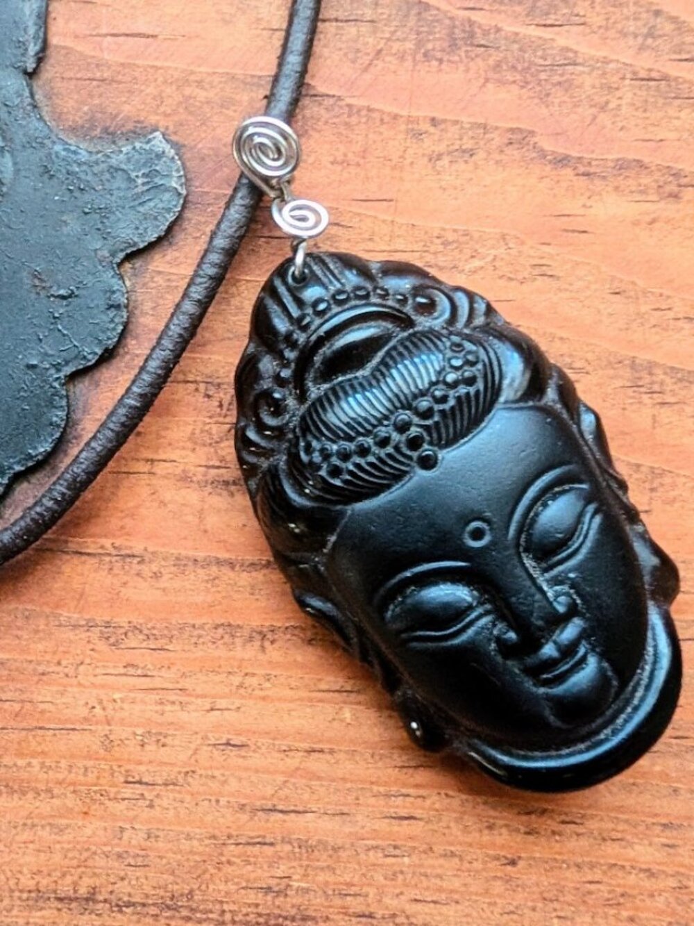 Hand Crafted Artisan Black Obsidian Stone Buddha Head Pendant Necklace